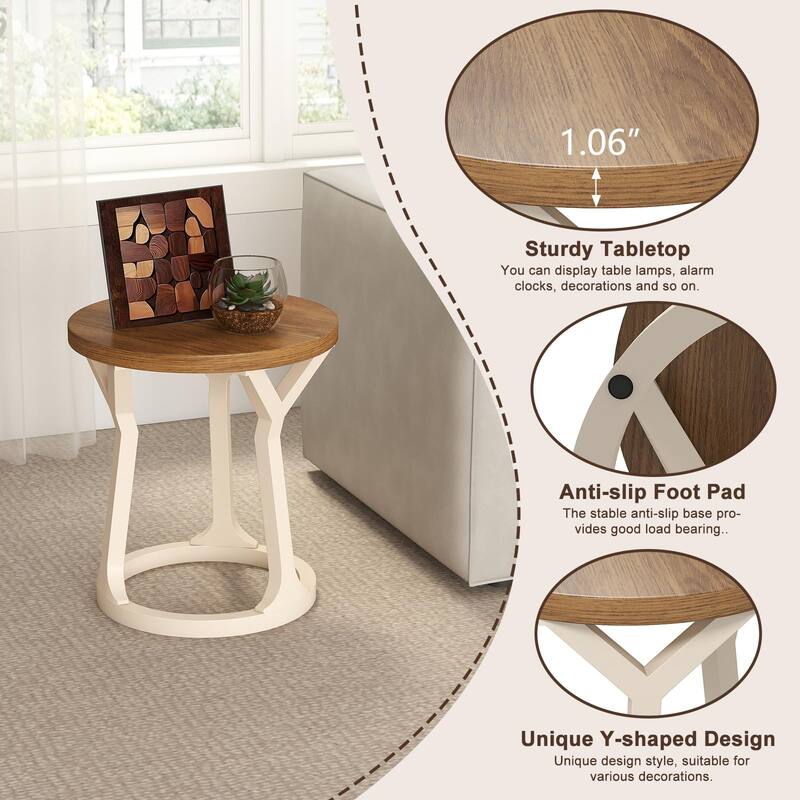 Kinbor Farmhouse End Table - Round Pedestal Side Table, French Country Style Bedroom Side Table