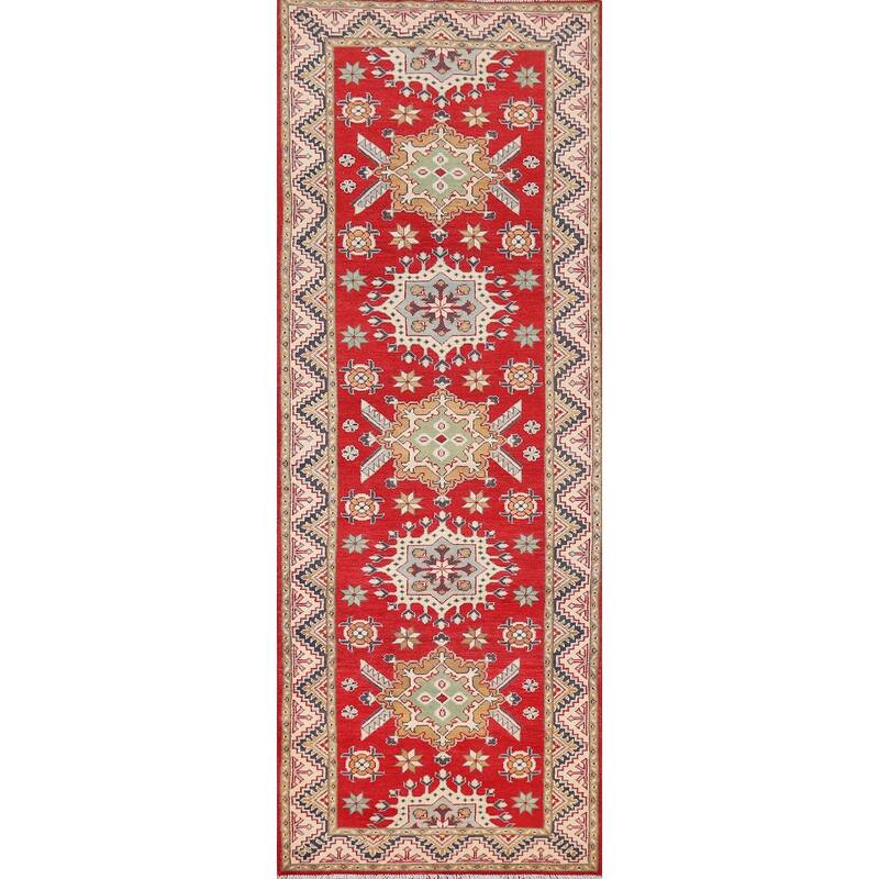 Geometric Kazak Runner Rug Handmade Red Wool Carpet - 2'11" x 9'8"