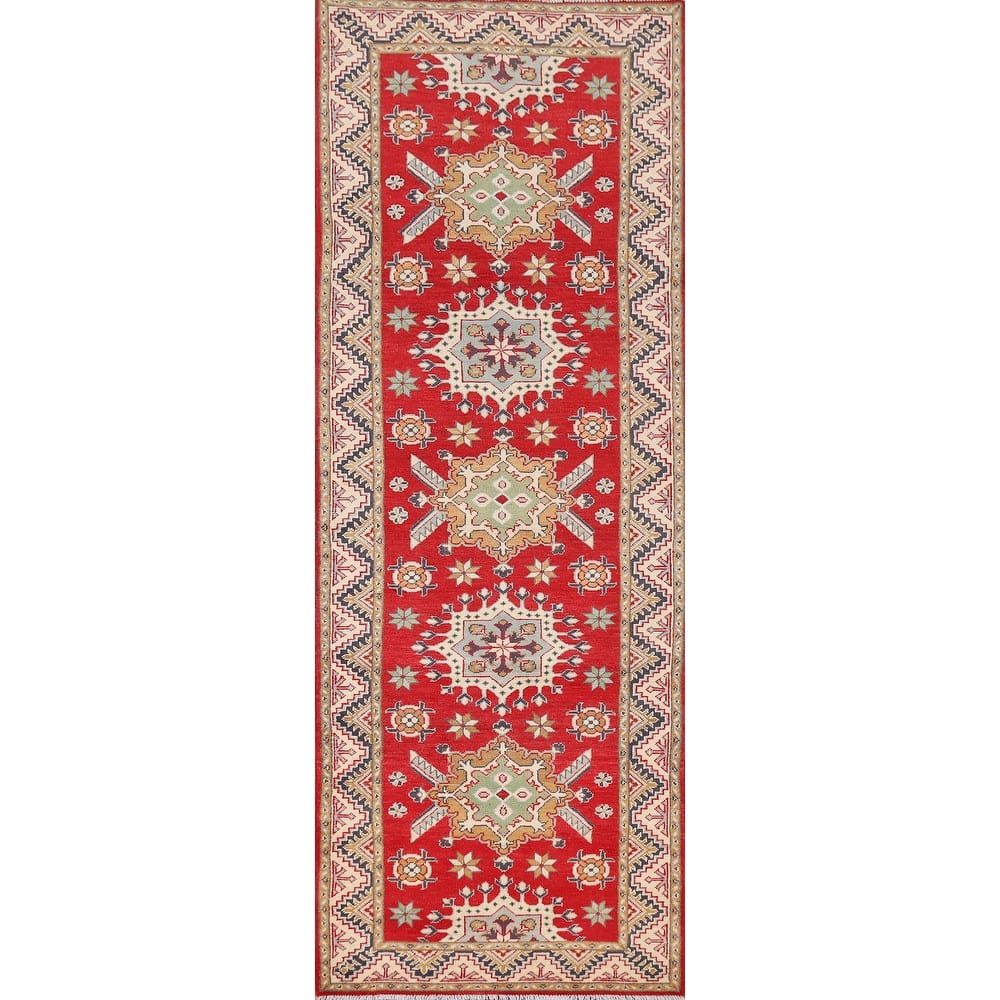 Geometric Kazak Runner Rug Handmade Red Wool Carpet - 2'11" x 9'8"