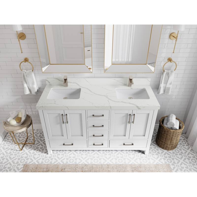 Willow Collections 60 in. W x 22 in. D Malibu Double Sink Bathroom Vanity with Countertop - 2" Calacatta Laza - White