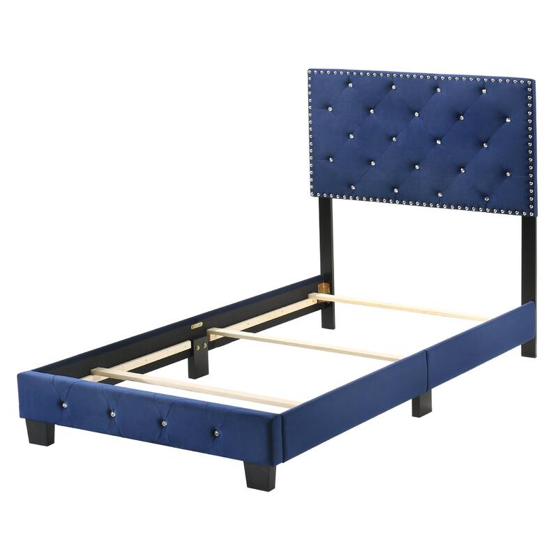 Velvet Upholstered Tufted Twin Panel Bed - 77" - Blue