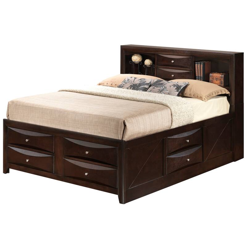 Full Panel Bed with Bookcase Storage - Wood Veneer & Dovetail Drawers - Casual Bed Frame