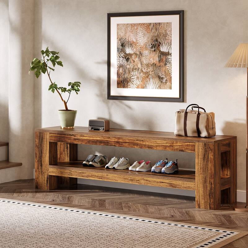 59" Wooden Entryway Bench, Farmhouse Indoor Console Shoe Bench