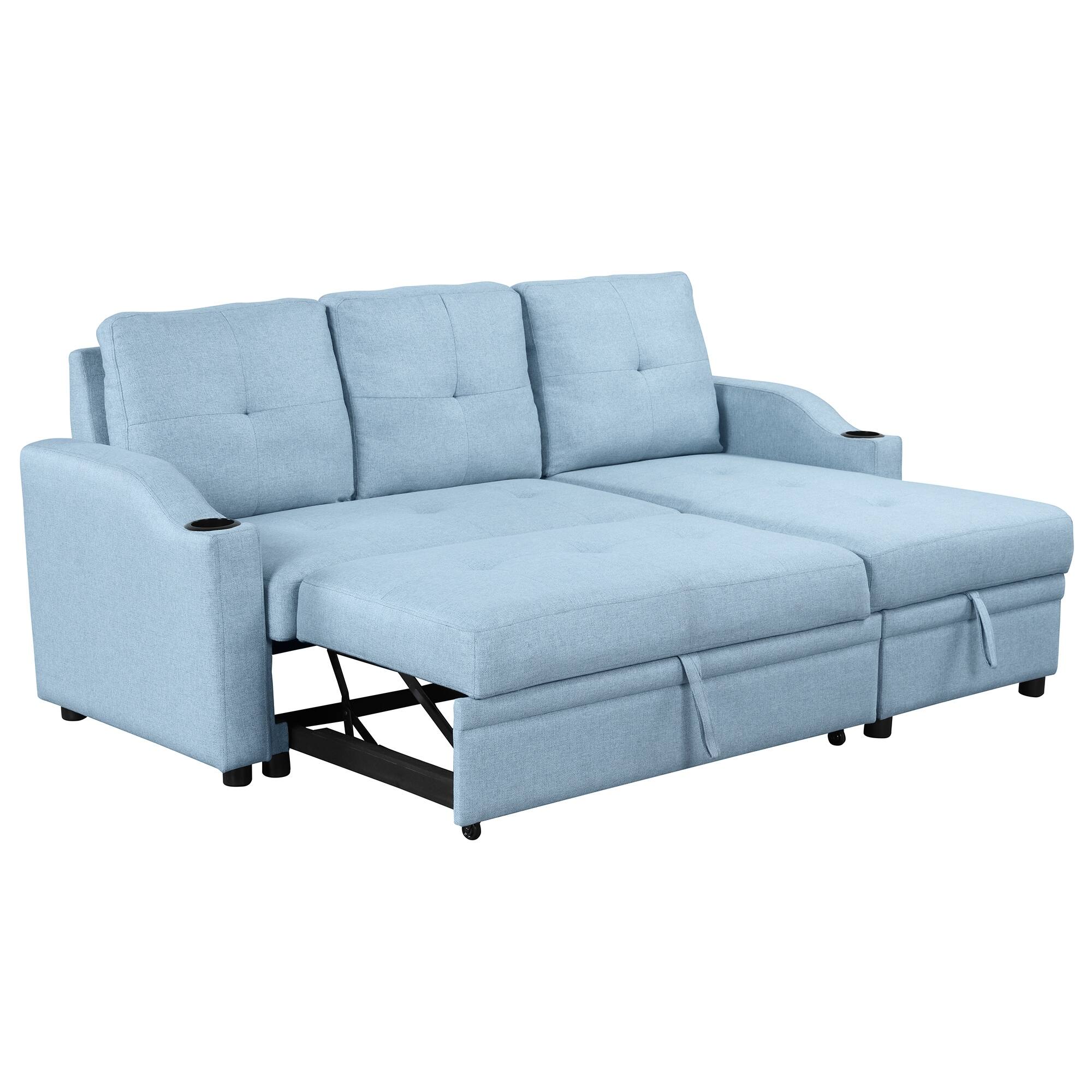 Blue Linen Fabric Pull Out Sectional Sofa Bed, Storage Chaise, Cup