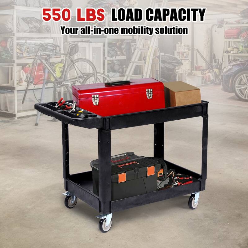 Utility Service Cart, Heavy Duty Plastic Rolling Utility Cart with Wheels, Ergonomic Storage Handle for Warehouse Garage