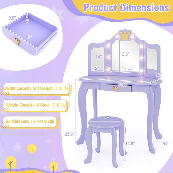 Purple Vanity Set with Tri-fold Lighted Mirror Detachable Top and