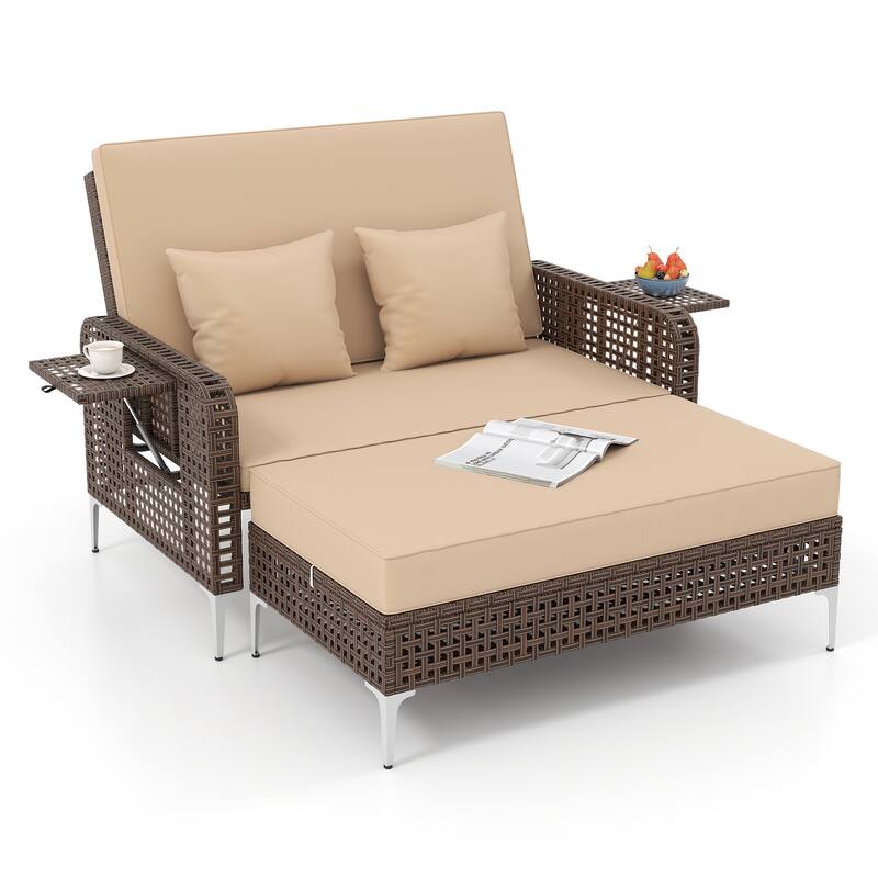 Gymax 2PCS Wicker Loveseat & Storage Ottoman w/ 4-Level Backrest &