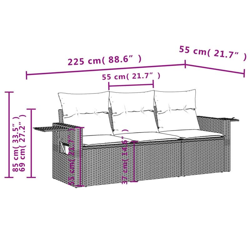 vidaXL 3 Piece Patio Sofa Set with Cushions Grey Poly Rattan - 21.7 x 24.4 x 27.2