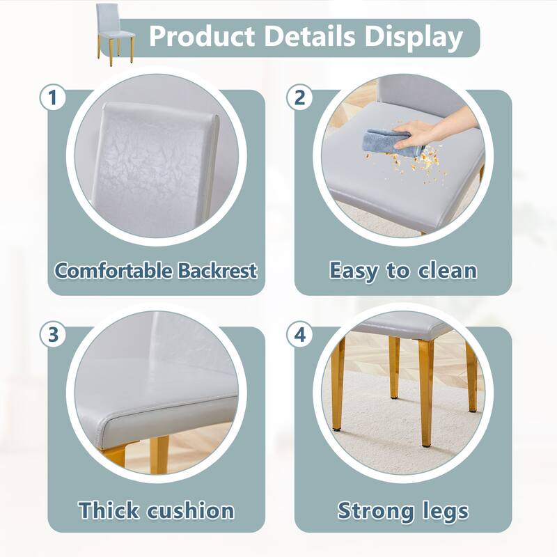 Simple 4 Piece PU Dining Chair with Cushions, Metal Legs, Non Slip Pads for Dining Room Kitchen Bedroom Living Room