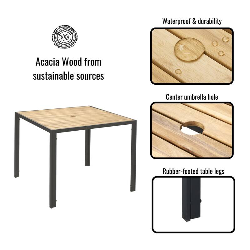 All Weather 5-Piece Patio Dining Table Sets, Patio Conversation Set Acacia Wood Table Top with Umbrella Hole, Rattan Outdoor