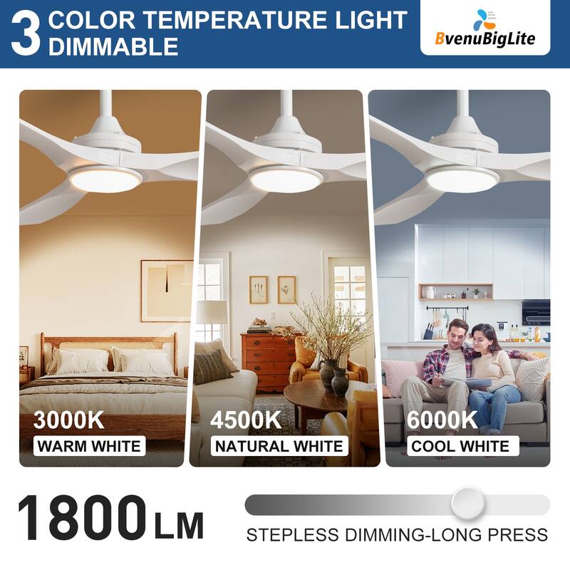 52 in. Indoor/Outdoor Dimmable Ceiling Fan With Light for Patios, Modern Noiseless Ceiling Fan with Remote APP Control