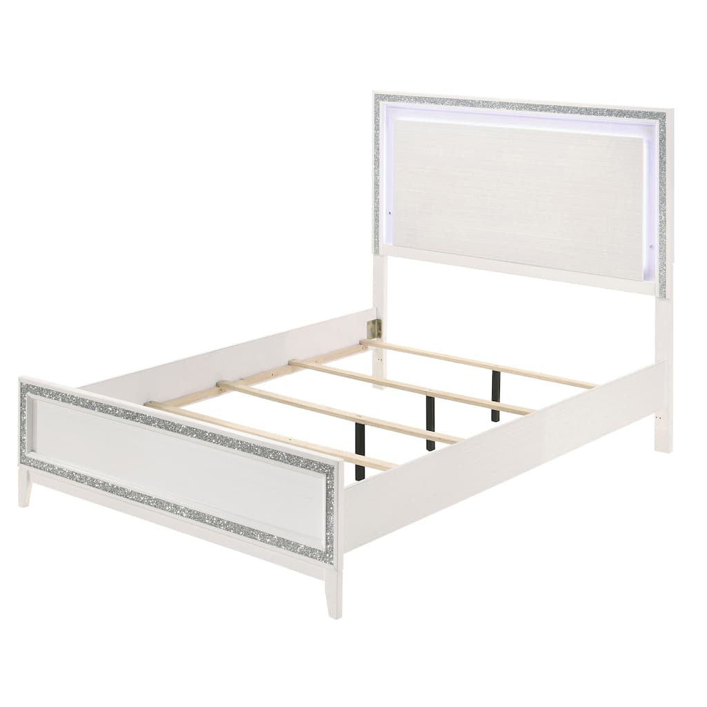 Elegant White Queen Bed with LED Headboard and Low-Profile Footboard