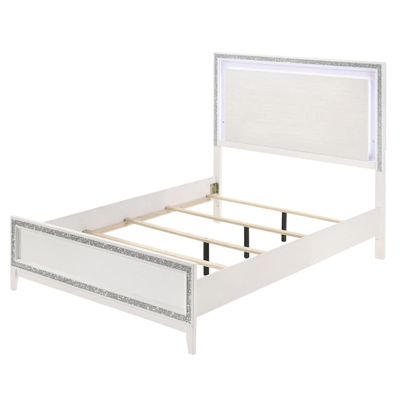 Elegant White Queen Bed with LED Headboard and Low-Profile Footboard - White
