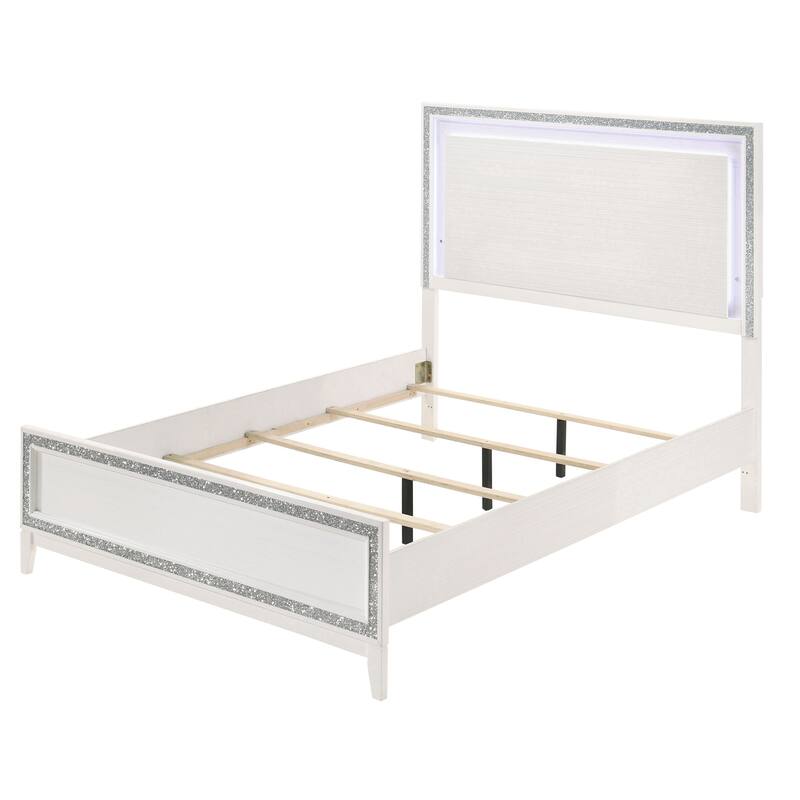 Queen Size Wood Panel Bed with LED Headboard Frame and Box Spring Required - White