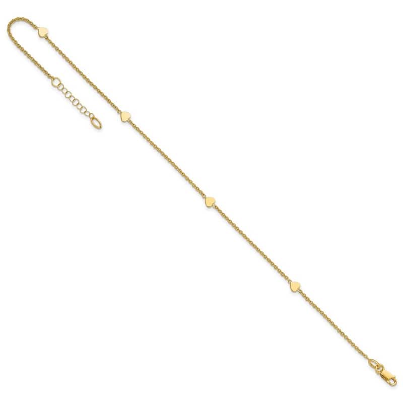 Curata 14k Yellow Gold 10+1" Flat Polished Heart Station Cable Chain Anklet (Spring-ring)