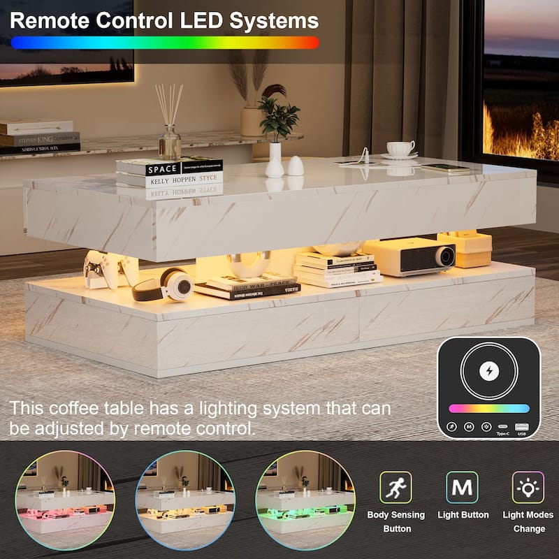 Smart LED Coffee Table 47.2" with Bluetooth Speaker & Wireless Charging, Modern White Marble Center Table