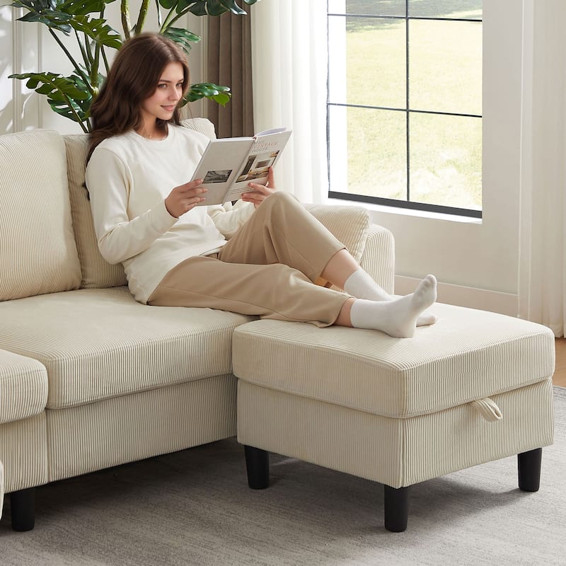 100.79" Corduroy L shaped Pillow Top Arm Sofa With Storage Bag