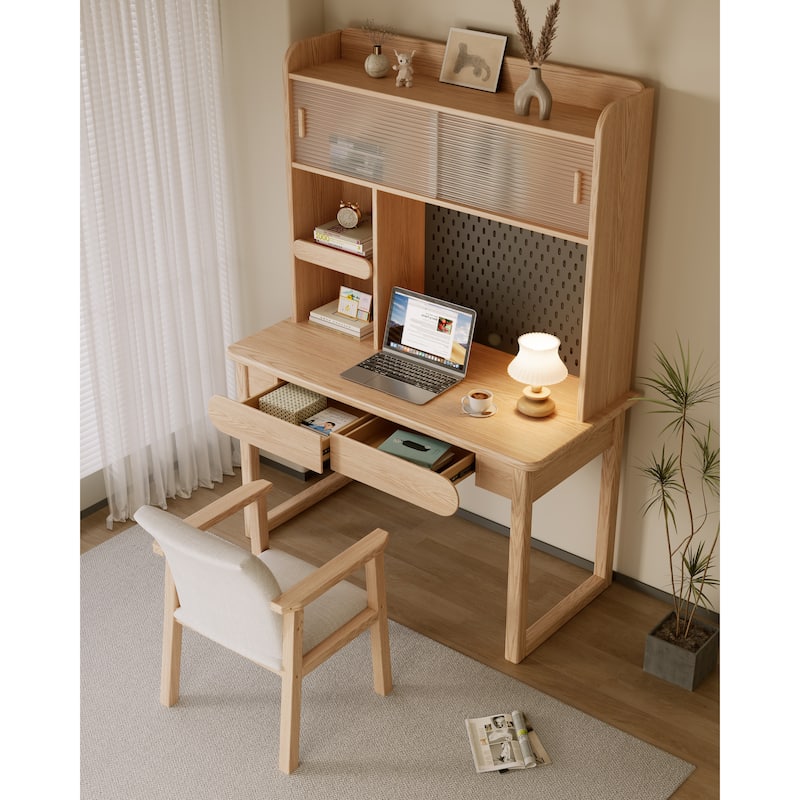 Kids Study Desk with Hutch,Student Writing Desk, Natural,Ash Wood