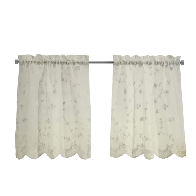 Grandeur Embroidered Sheer Curtain Valance and Tiers with Scallop Detail