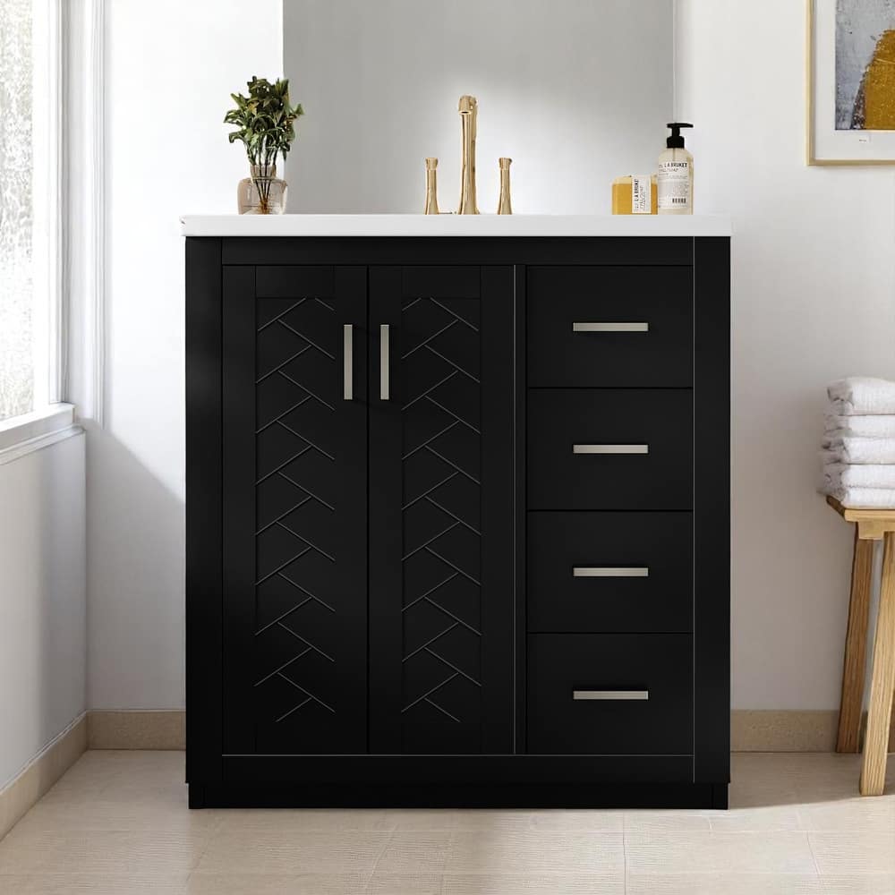 Freestanding 30 Inch Bathroom Vanity with Ceramic Sink, MDF Cabinet with 3 Drawers and Storage Shelf