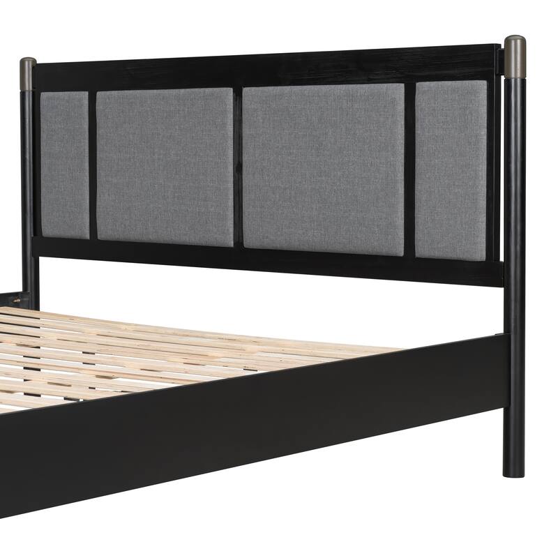 Solid Wood Platform Bed Frame, No Box Spring Needed, Upholstered Headboard Wingback Bed, Wood Slat Support