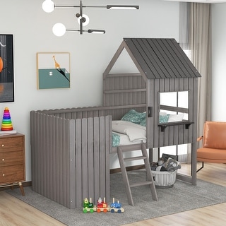 Solid Pine Wood Twin Size Loft Bed with House-Shaped Frame and Storage ...