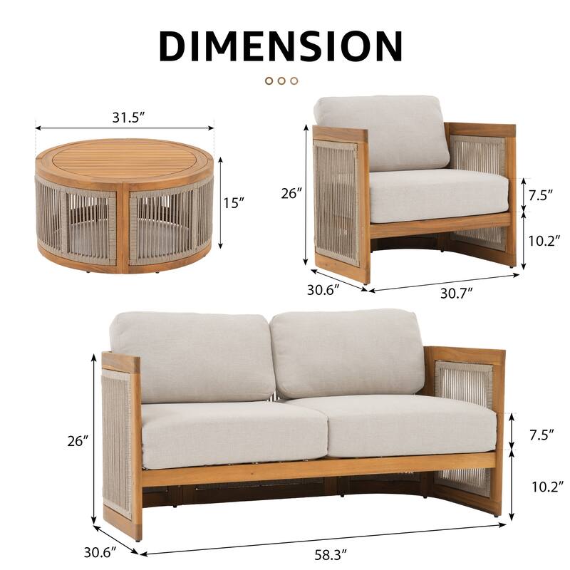 Outdoor 4-Piece Wood Sofa Set With Round Coffee Table