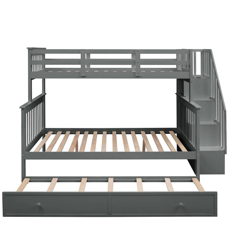 Twin-Over-Full Bunk Bed with Trundle, Storage Stairway and Guard Rail
