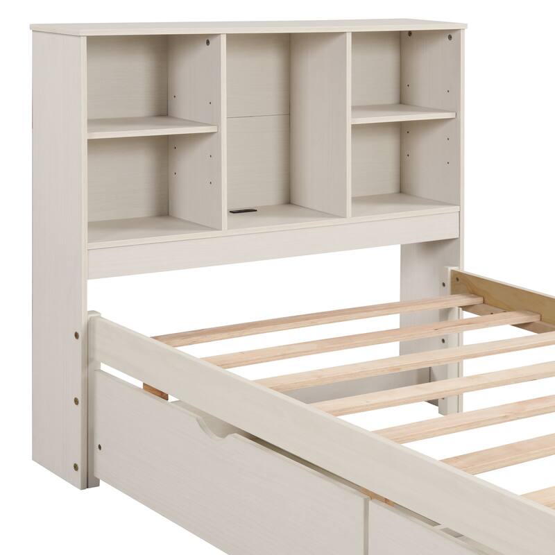 Modern Twin Size Bed Frame with USB Port, Bookcase Headboard & 2 Drawers in White Washed Finish