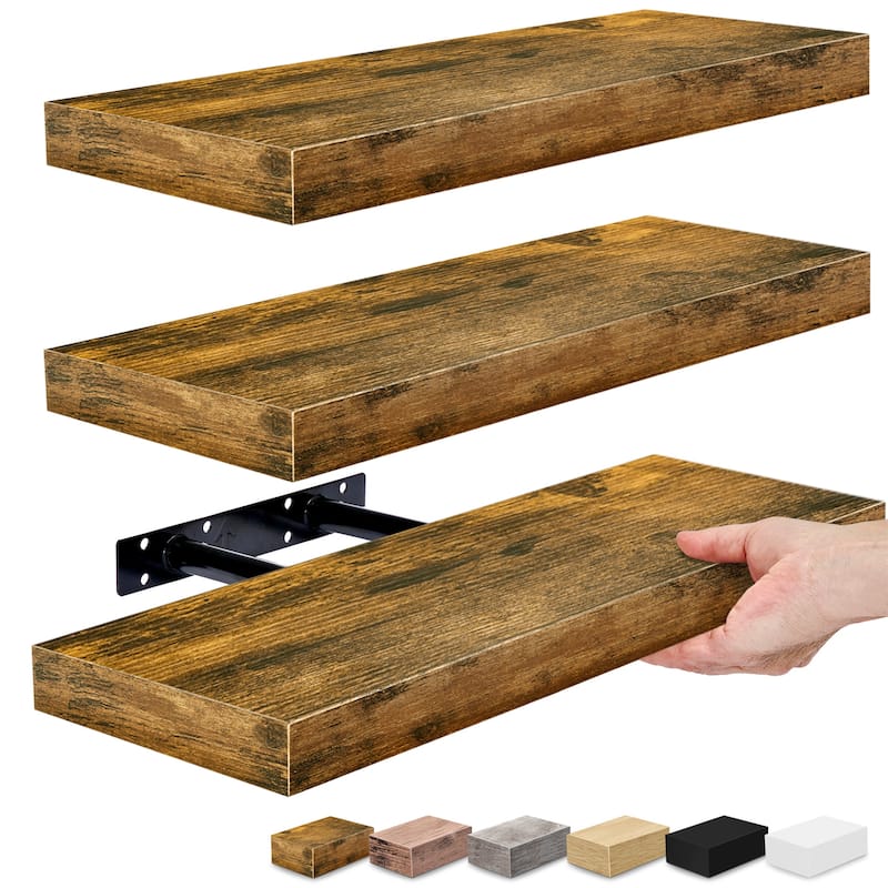 Floating Shelf Set, Rustic Wood Beach Style Hanging Wall Shelves - 16.25" L x 5.50" W X 1.5" H - Brown