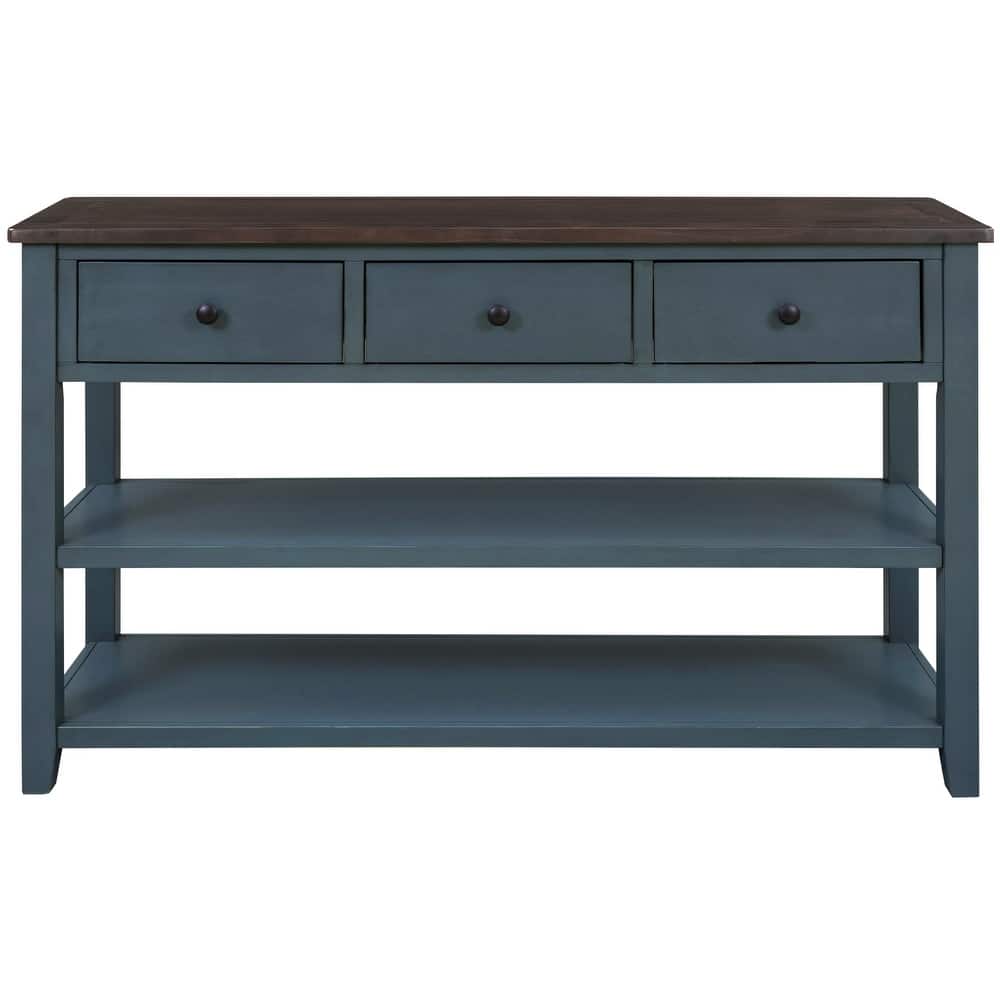 Retro Design Console Table with Two Open Shelves, Pine Solid Wood Frame and Legs for Living Room