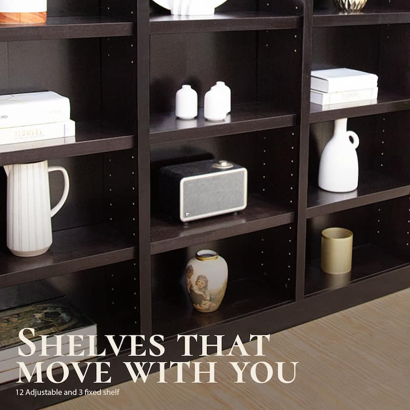 Concepts in Wood Triple Wide Wood Bookcase, 15 Shelf, 72 inch Tall