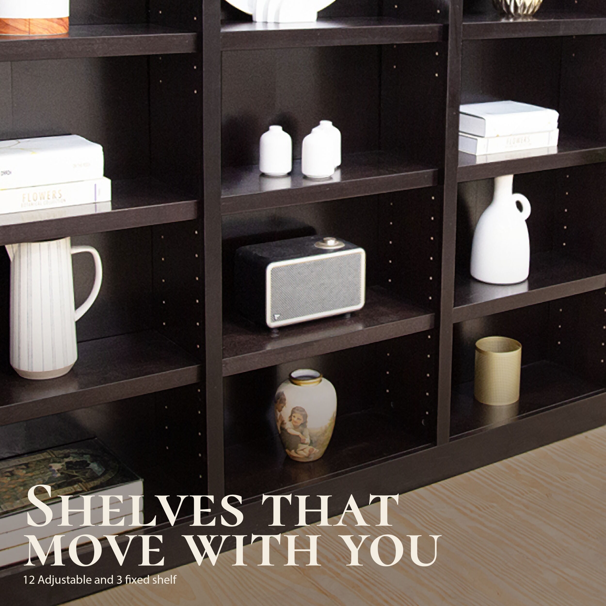 Concepts in Wood Triple Wide Wood Bookcase, 15 Shelf, 72 inch Tall