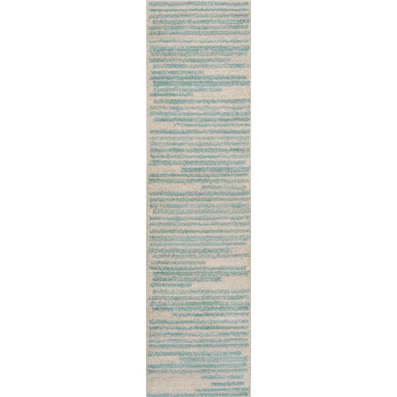 JONATHAN Y Aksil Modern Berber Stripe Area Rug - 2 X 8 - Cream/Turquoise