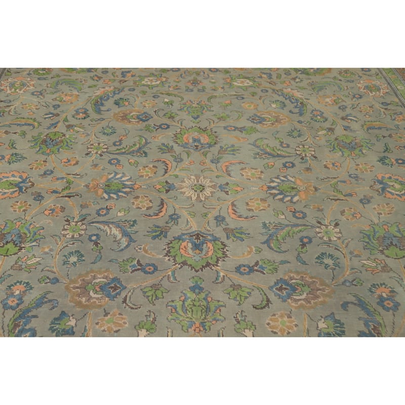 Hand Knotted Oriental 100% Wool Carpet Traditional All-Over Greys & Charcoal Tabriz Area Rug - 13' 3'' X 9' 8''