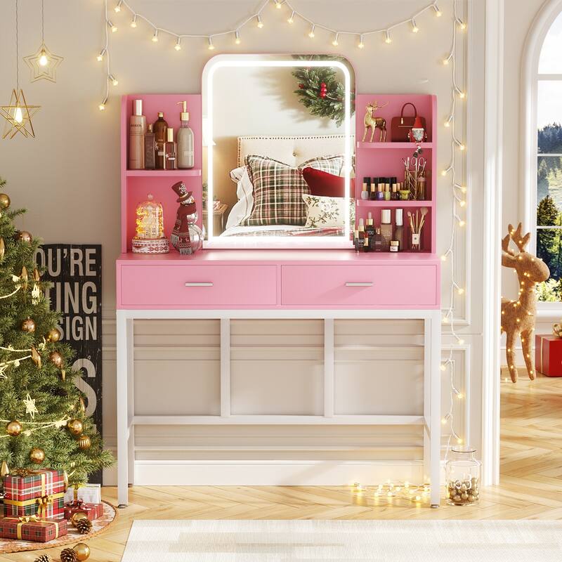 Modern Vanity Desk with LED Mirror, Makeup Table with Storage Drawers and Shelves - N/A - Pink