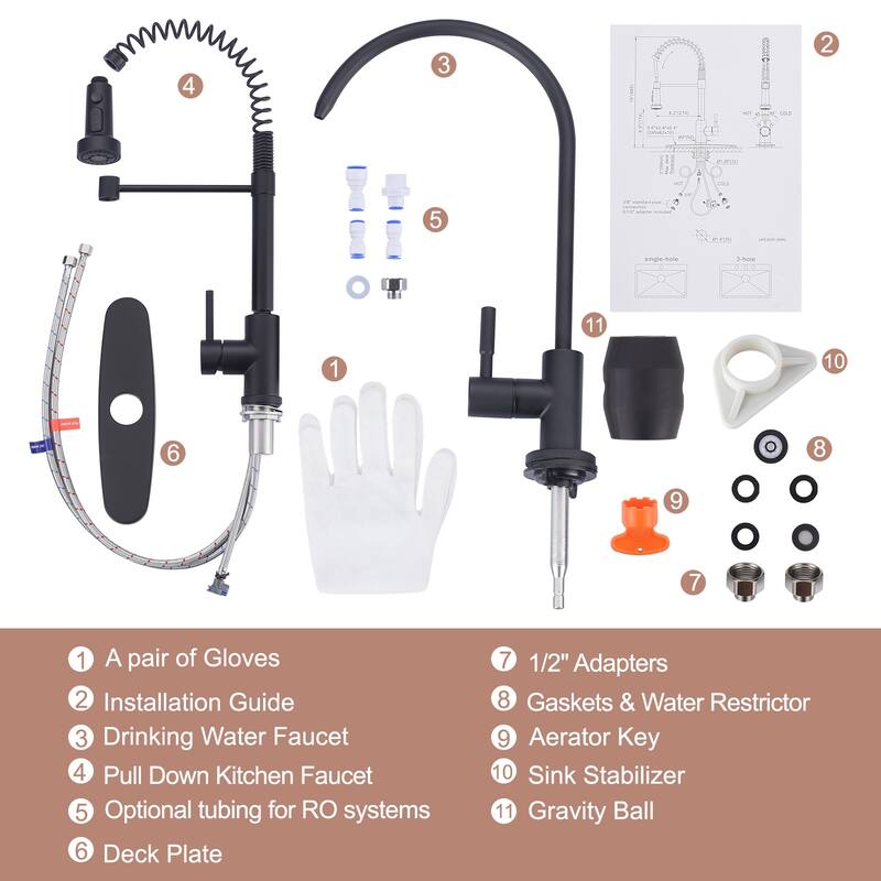 WOWOW Three Function Pull Down Kitchen Faucet with Drinking Water Faucet