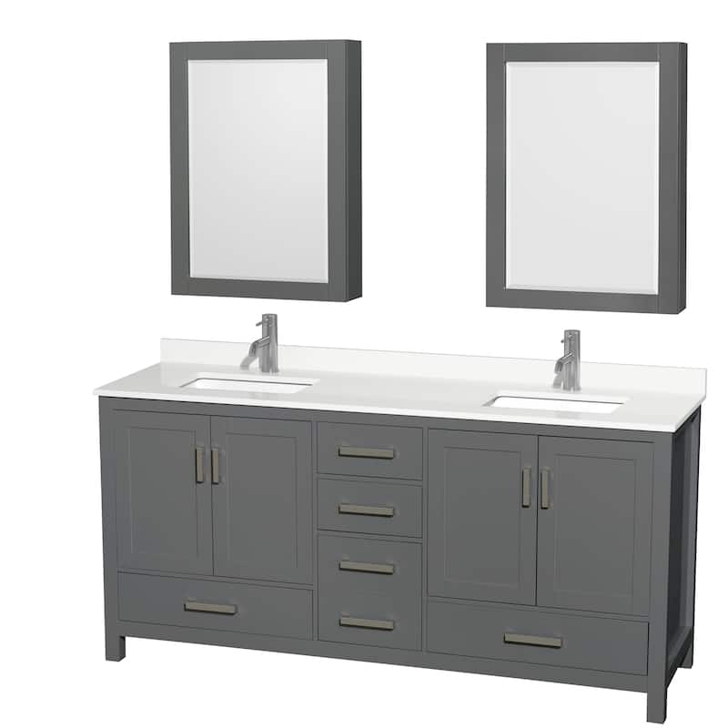 Sheffield 72-inch Double Vanity, Single Hole Quartz Top, Med Cabinets