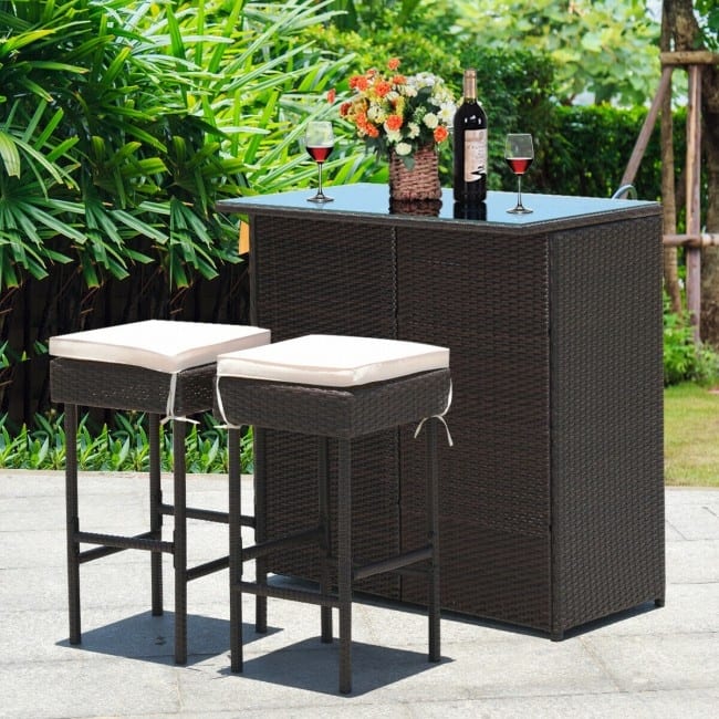 3-Piece Patio Rattan Wicker Bar Set with 2 Cushioned Stools for Outdoor Entertaining - 40" x 24" x 41.5" (L x W x H)