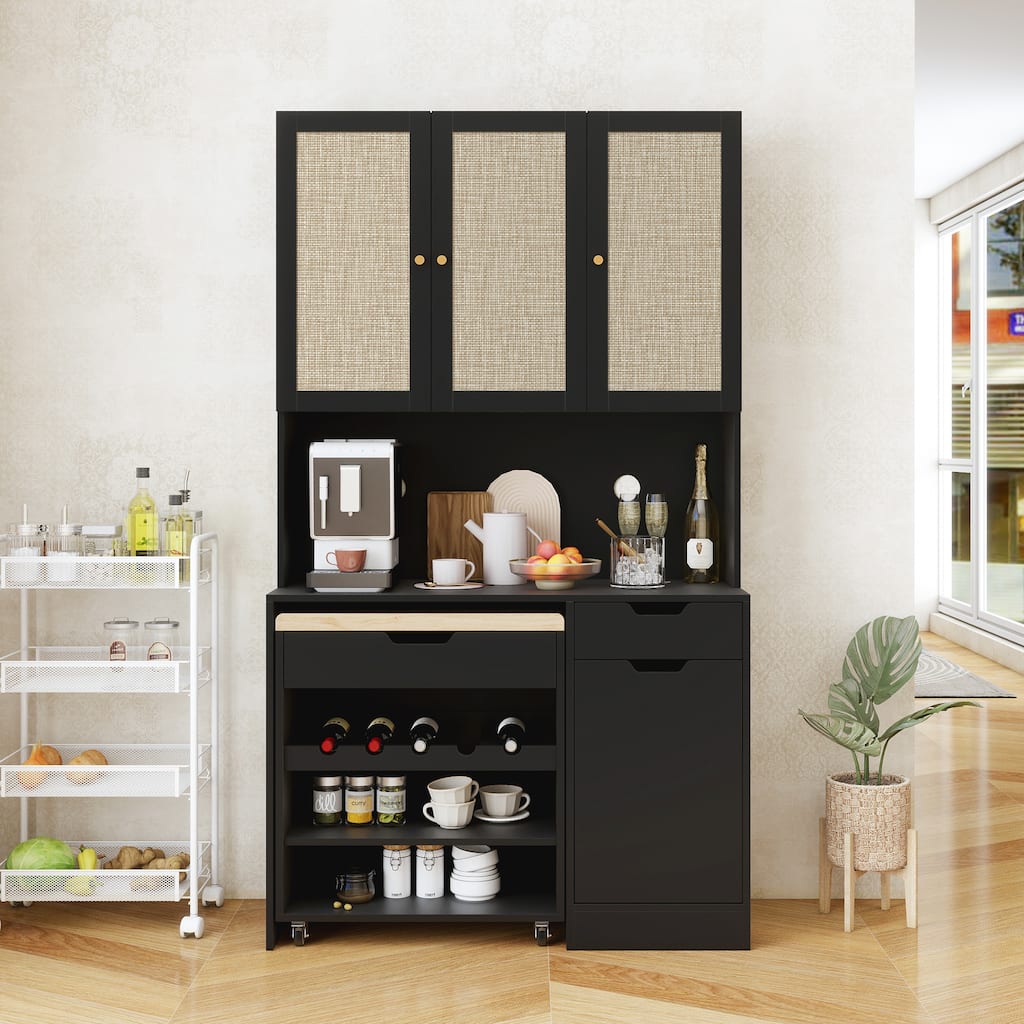 Kitchen Pantry Buffet Cabinet with Kitchen Cart & Microwave Stand, Storage Cabinet with 3 Rattan Doors and Adjustable Shelves