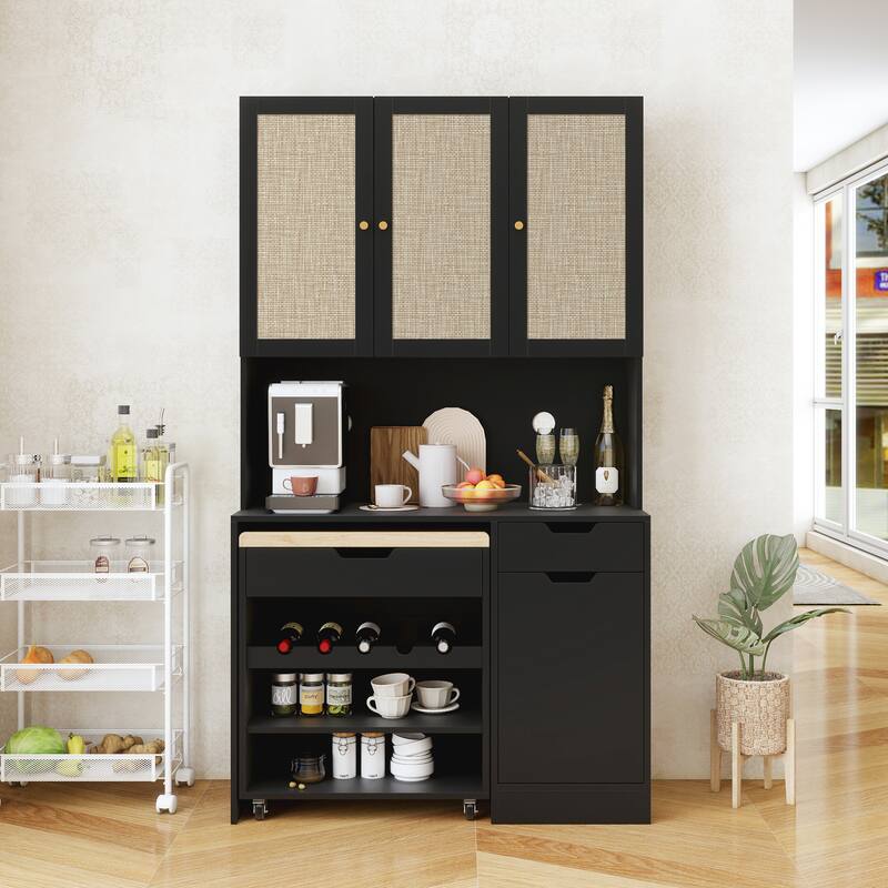 Tall Kitchen Pantry Storage Cabinet, Buffet Cabinet Sideboard Coffee Bar Cabinet with Kitchen Cart & Microwave Stand - Black