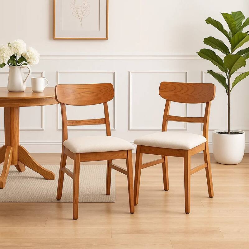 Amy Dining Chair Set of 2, Curved Back, Beige Seat, Light Brown Solid Wood