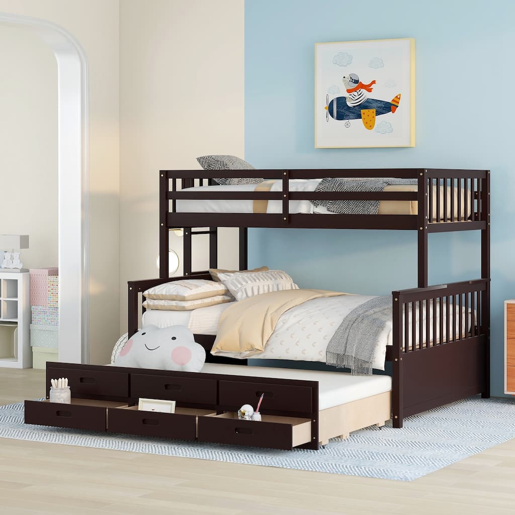 Twin-Over-Full Bunk Bed with Trundle and Drawers, Space-Saving Kids Bedroom Furniture in Espresso