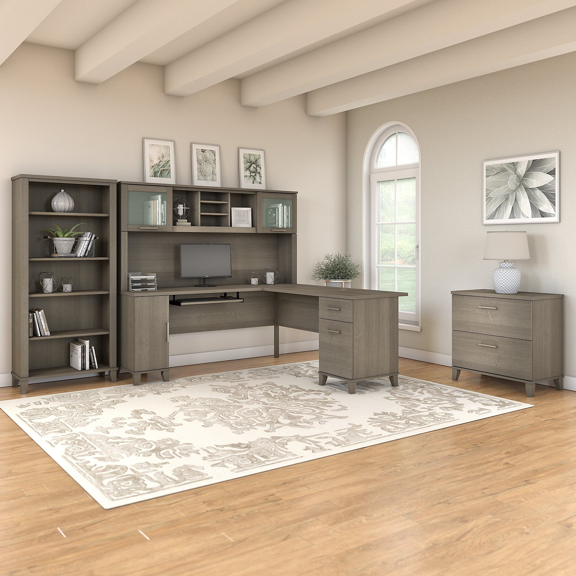 Somerset 72W L Shaped Desk with Hutch Cabinet and Bookcase in