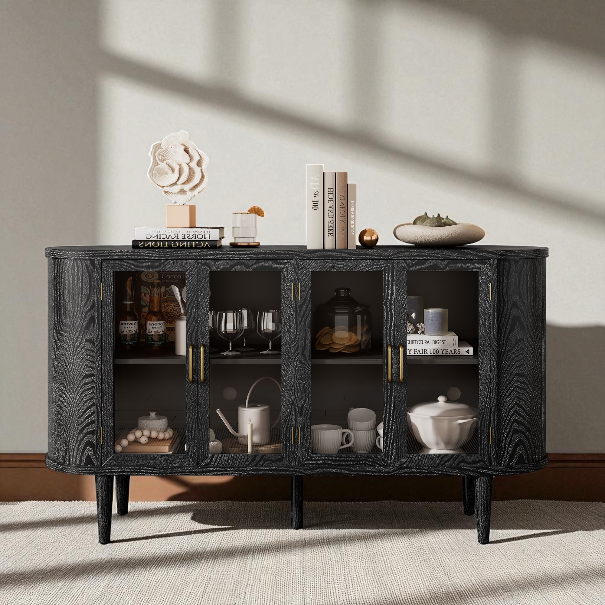 60" Farmhouse Sideboard Buffet Cabinet with Glass Doors, Adjustable Shelves, Solid Wood Frame for Kitchen, Dining Room