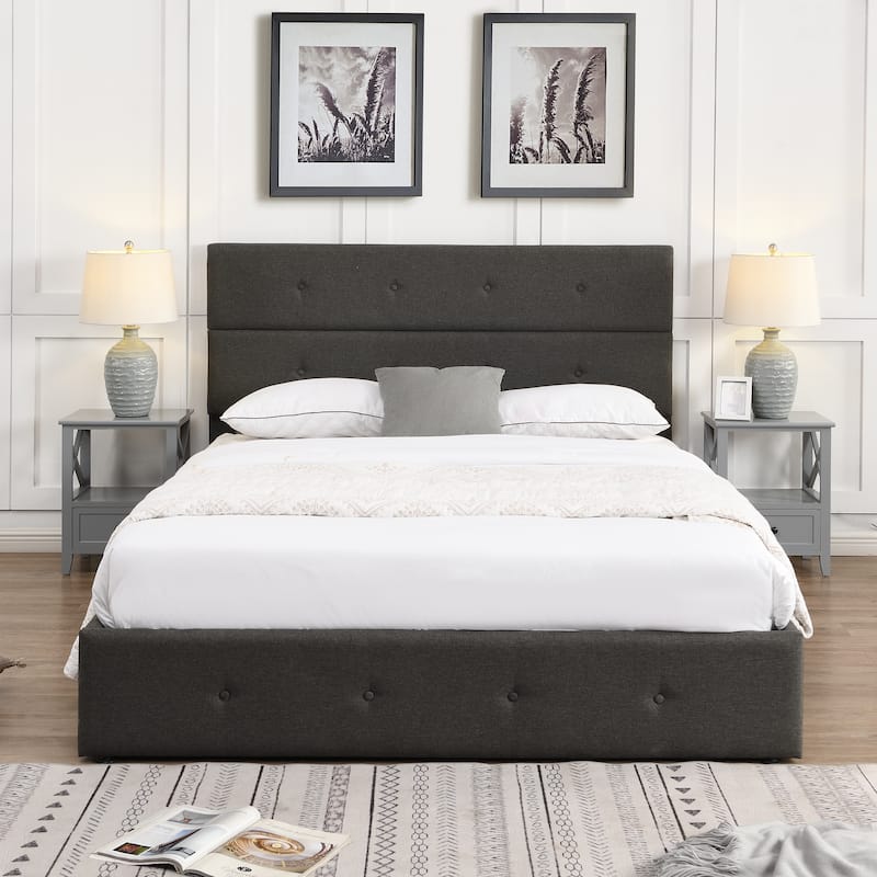 Queen Size Upholstered Platform Bed with Storage Underneath, Metal Bed