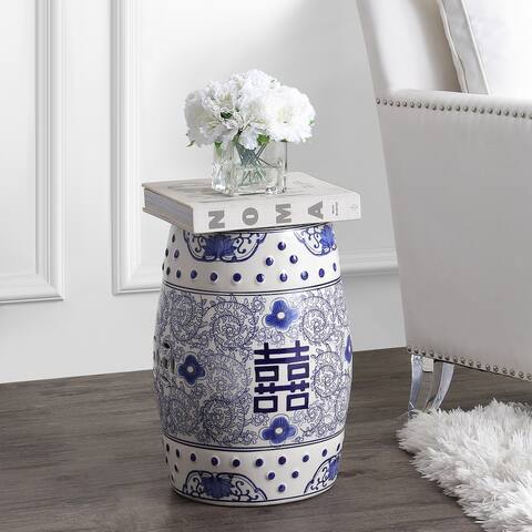 Double Happiness 18" Chinoiserie Ceramic Drum Garden Stool, Blue/White