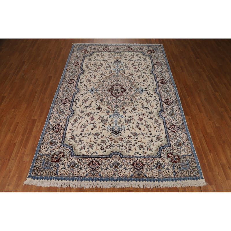 Ivory Floral Nain Persian Area Rug Handmade Wool Carpet - 6'8"x 9'10"