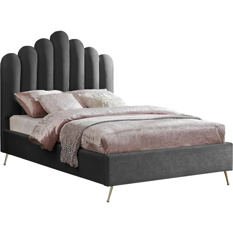 50 in.H Gray Wood Frame Full Size Panel Bed with Velvet Upholstery Material and Bed Frame Mounted