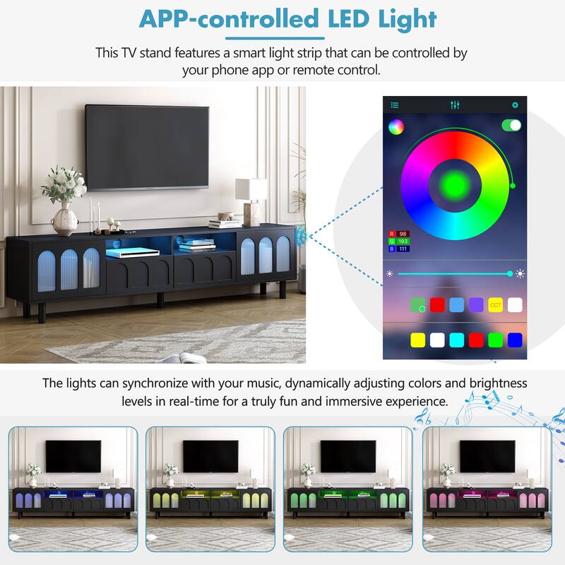LED TV Stand for Living Room, Entertainment Center for TVs Up to 80" with Wood Legs, Storage Media Console with 2 Drawers